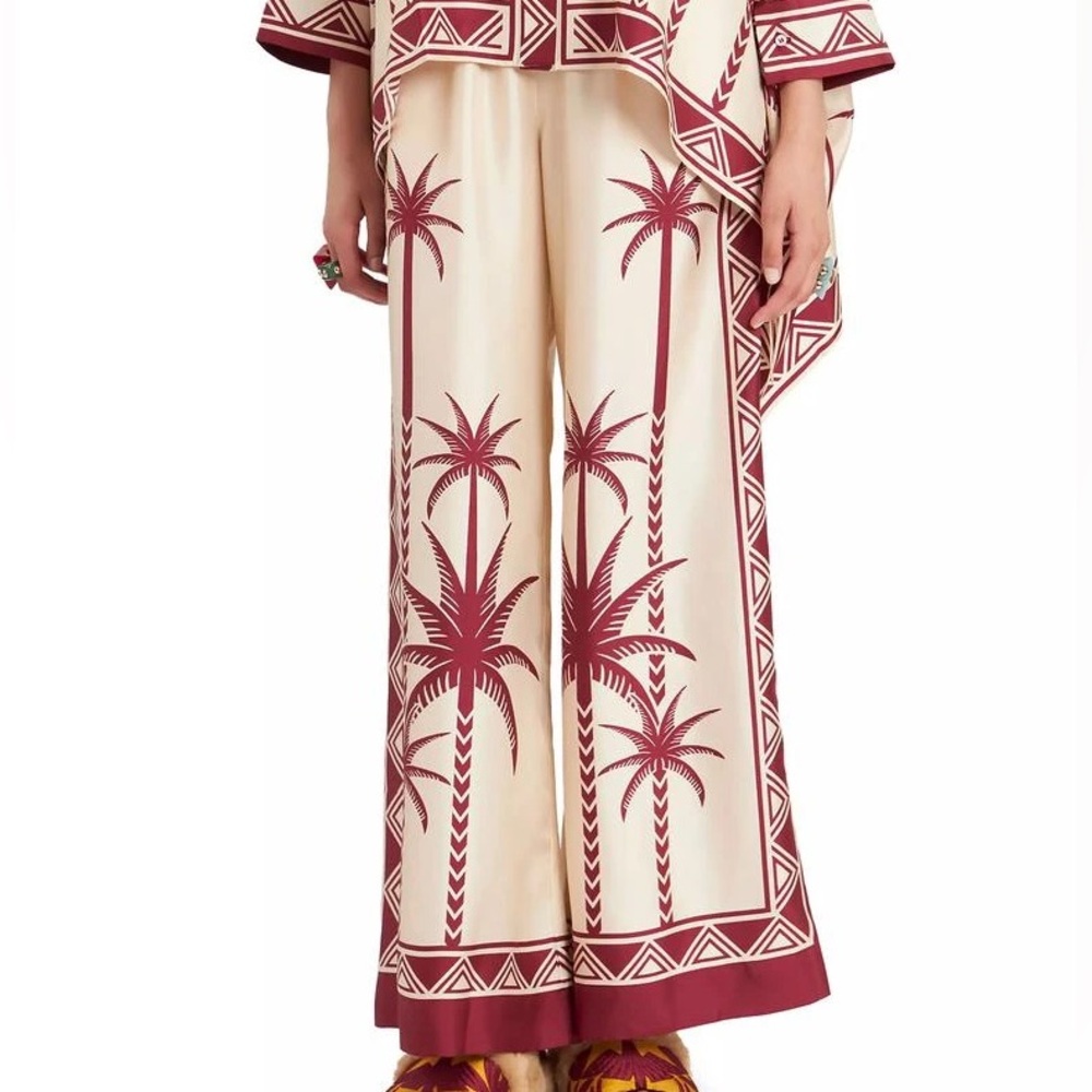 La DoubleJ Date Palms Silk Palazzo Pants Ivory M Made in Italy